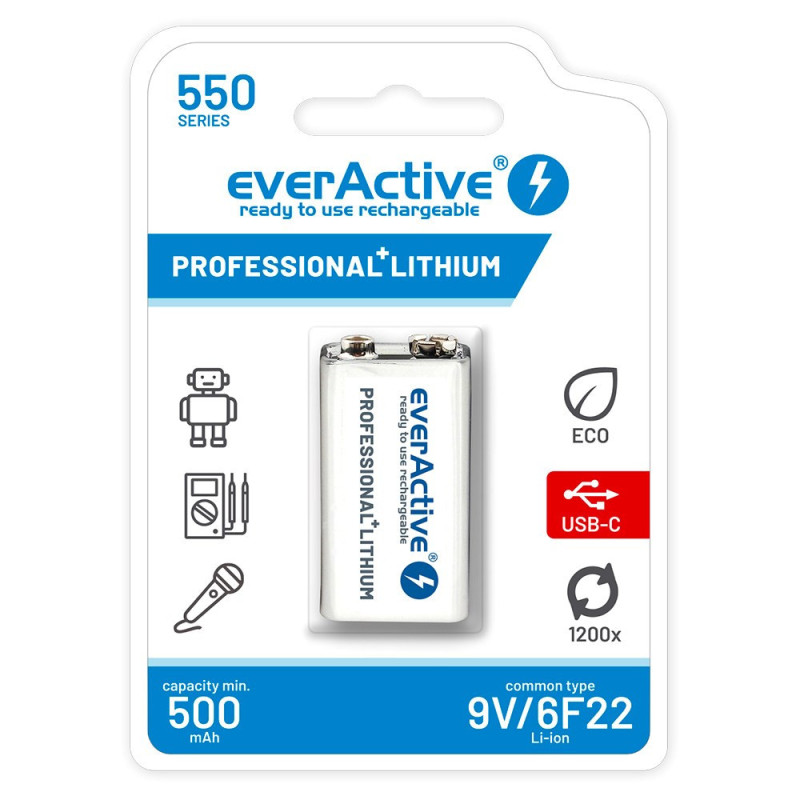 Įkraunama baterija everActive 6F22 / 9V Li-ion 550 mAh su USB C TYPE