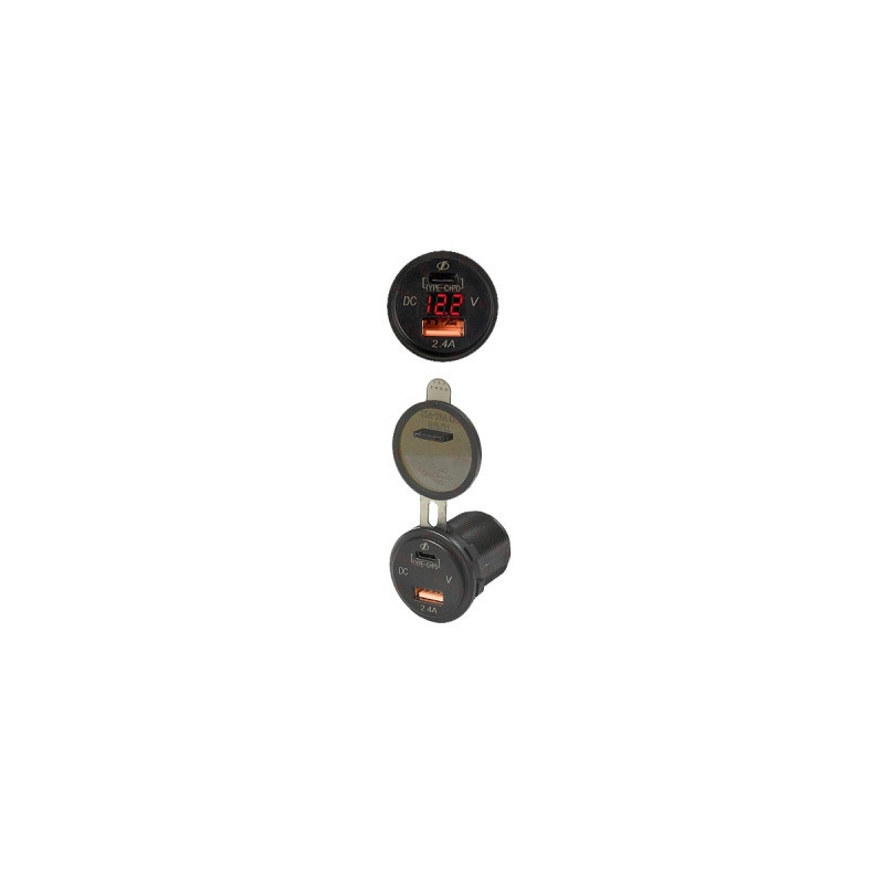 USB 2.4a maitinimas + PD tipas C, raudonas apšvietimas + voltmetras