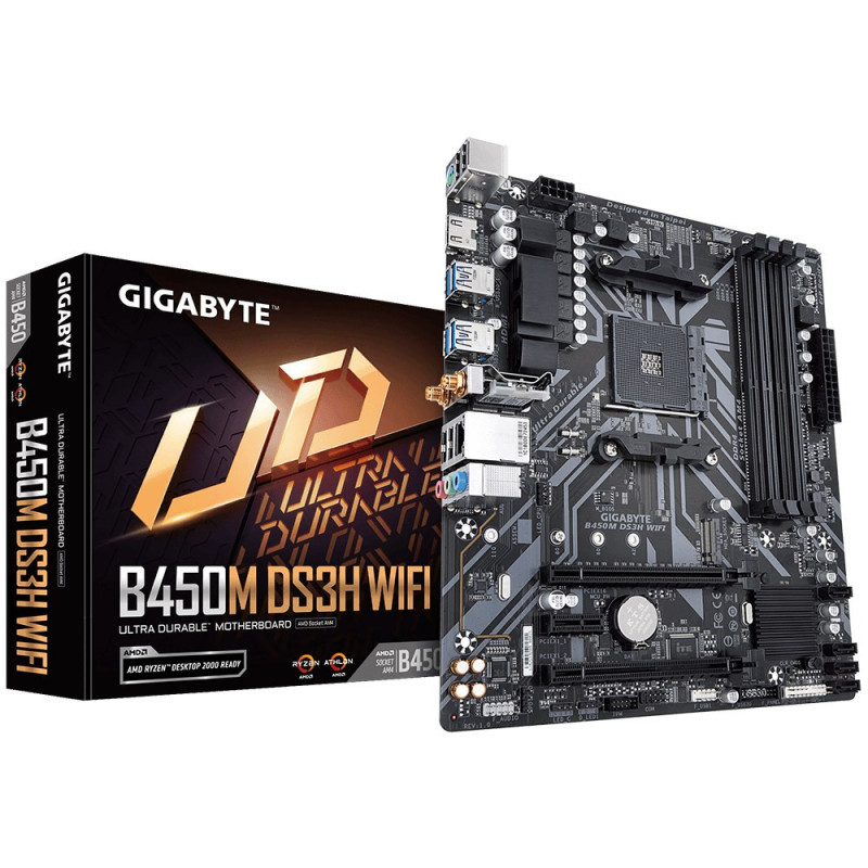 GIGABYTE B450M DS3H WIFI Motherboard - Supports AMD Series 5000 CPUs, up to 3600MHz DDR4 (OC), 1xPCIe 3.0 x4 M.2, WIFI, 