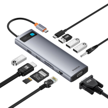 HUB 11in1 Baseus Metal Gleam Series USB-C į USB-C PD / 3x USB-A 3.0 / USB-A 2.0 / HDMI / VGA / AUX / RJ-45 / SD TF - pil