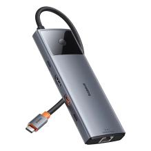 HUB 11in1 Baseus Metal Gleam Series USB-C į USB-C PD / USB-C / 3x USB-A / HDMI / AUX / RJ-45 / SD TF - pilka