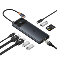 HUB 10in1 Baseus Metal Gleam Series USB-C į USB-C PD / USB-C / 3x USB-A / 2x HDMI / RJ-45 / SD / TF - juoda