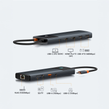 HUB 10in1 Baseus Metal Gleam Series USB-C į USB-C PD / USB-C / 3x USB-A / 2x HDMI / RJ-45 / SD / TF - juoda