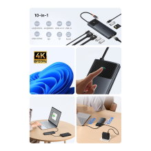 HUB 10in1 Baseus Metal Gleam Series USB-C į USB-C PD / USB-C / 3x USB-A / 2x HDMI / RJ-45 / SD / TF - juoda