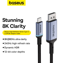 „Baseus“ didelės raiškos serijos USB-C prie „DisplayPort 1.4 8K 60Hz“ vienkryptis kabelis 1,5 m – juodas