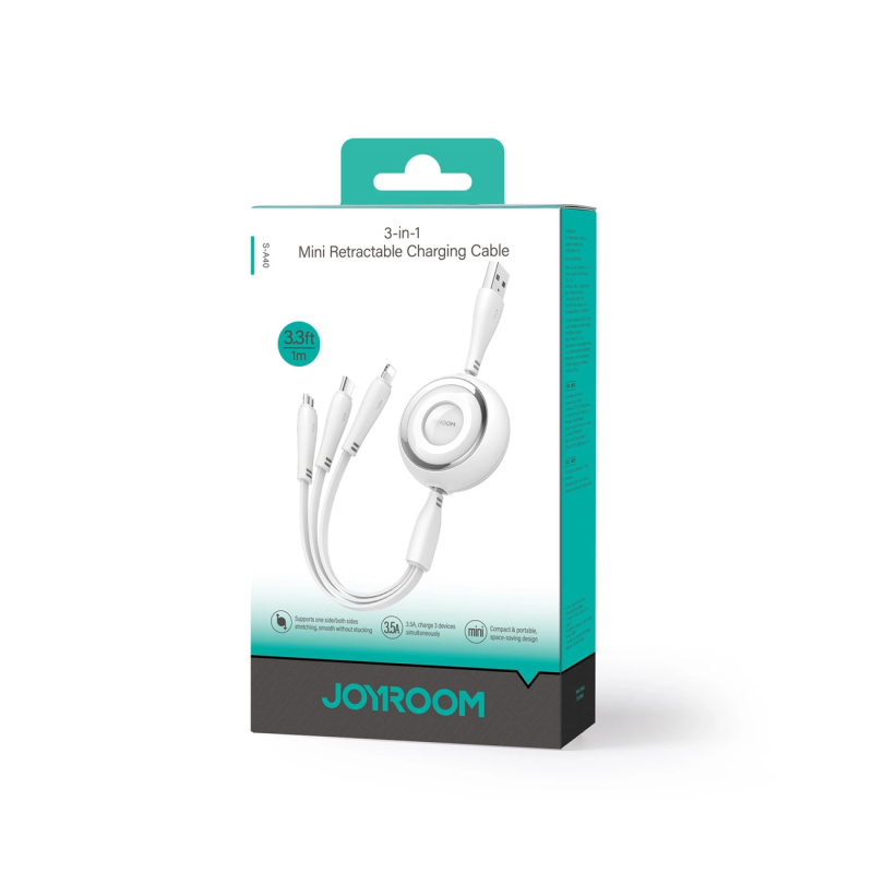 Joyroom Colorful Series S-A40 Cable Retractable 3in1 USB-A - USB-C / Lightning / Micro USB 1m - White