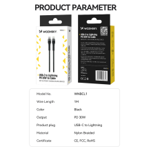 Wozinsky WNBCL1 Lightning / USB-C PD 30W laidas 1 m - juodas