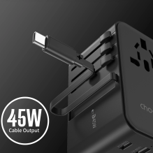 Choetech PD5021 45W EU / JAV / AUS / JK kelioninis adapteris su įmontuotu USB-C laidu – juodas