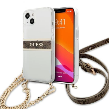 GRĄŽINAMAS PREKĖS „Guess GUHCP13SKC4GBGO iPhone 13 mini 5,4&quot; permatomas kietas dėklas, 4G rudas dirželis, auksinė g