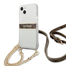 GRĄŽINAMAS PREKĖS „Guess GUHCP13SKC4GBGO iPhone 13 mini 5,4&quot; permatomas kietas dėklas, 4G rudas dirželis, auksinė g