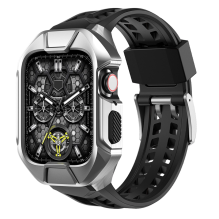 Kingxbar CYF136 2in1 šarvuotas dėklas Apple Watch SE, 6, 5, 4 (44 mm) pagamintas iš nerūdijančio plieno su sidabriniu di