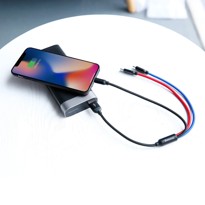 Baseus Three Primary Colors 3in1 USB-A - micro USB / Lightning / USB-C 3,5A kabelis 0,3 m - juodas