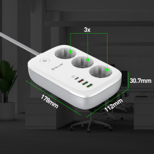 „Tellur Smart WiFi Power Strip 3“ lizdai, PD30W, QC18W, 2xUSB 2.4A 2500W 10A 2m