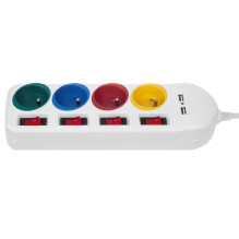 Maclean power strip, extender 4 sockets + 2xUSB, with switches, 250VAC / 10A, 2.1A 5V, 1.5m, white, MCE229 W