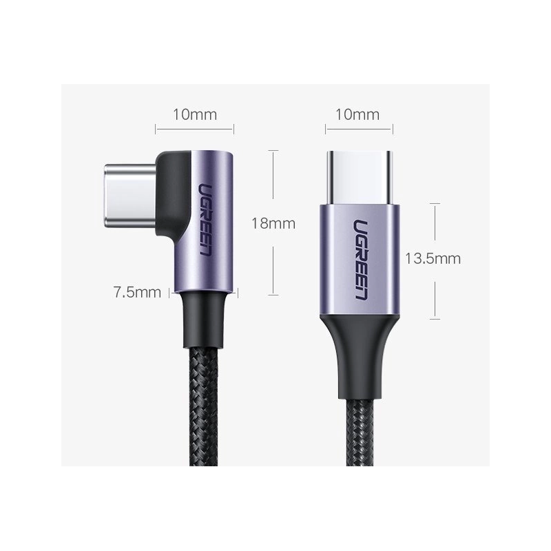 Ugreen US255 50123 USB-C (tiesus) / USB-C (kampinis) PD QC kabelis 60W 3A 1m – pilkas