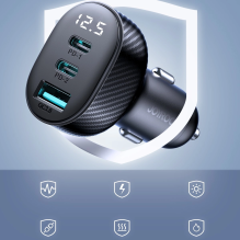 Joyroom JR-CCD04 30W 2x USB-C USB-A automobilinis įkroviklis su ekranu - juodas