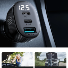 Joyroom JR-CCD04 30W 2x USB-C USB-A automobilinis įkroviklis su ekranu - juodas