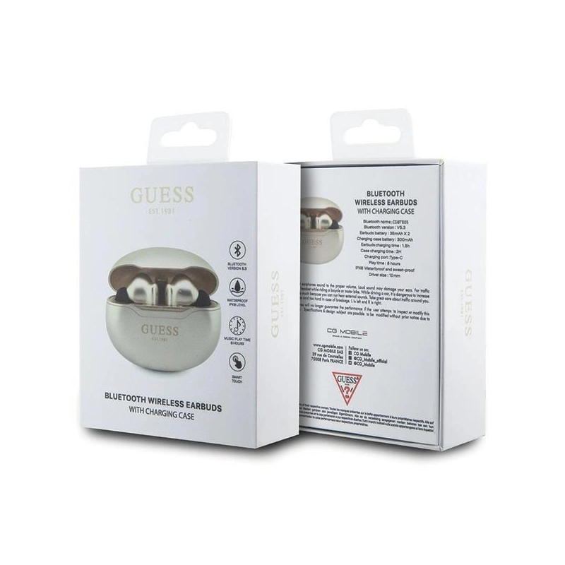 Guess GUTWST50ED TWS Bluetooth ausinės + prijungimo stotelė - auksinė Classic EST