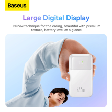 „Baseus Comet“ serijos maitinimo blokas su ekranu 10 000 mAh 22,5 W - baltas + USB-A - USB-C laidas