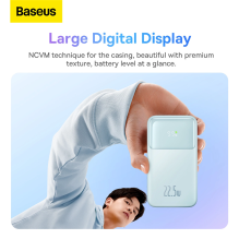 „Baseus Comet“ serijos maitinimo blokas su ekranu 10 000 mAh 22,5 W - mėlynas + USB-A - USB-C laidas 0,3 m - baltas