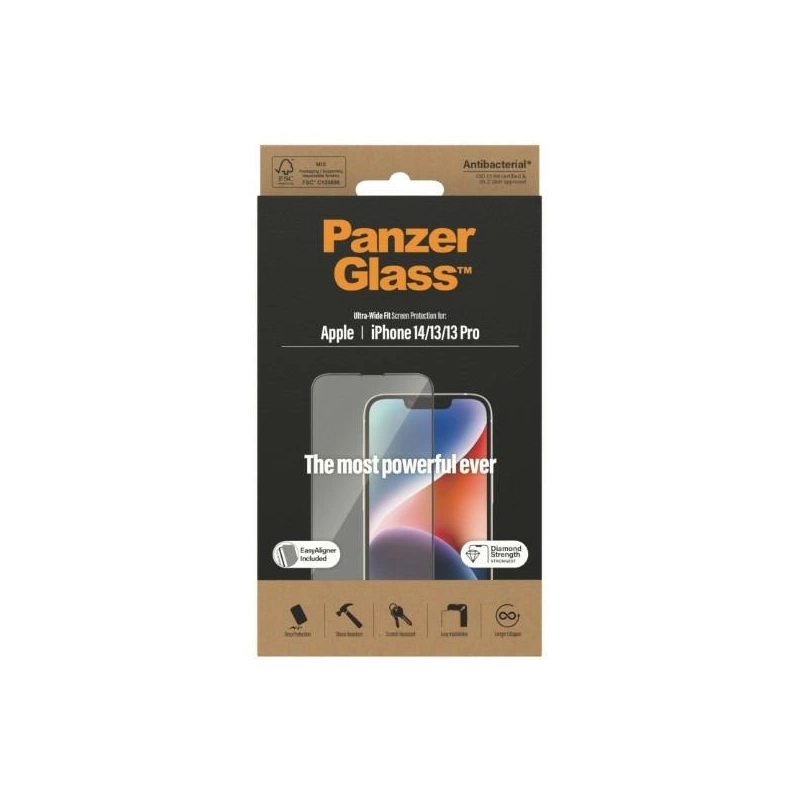 „PanzerGlass Ultra-Wide Fit“ grūdinto stiklo antibakterinis privatumas su padėties įtaisu, skirtas „iPhone 14 / 13 Pro /