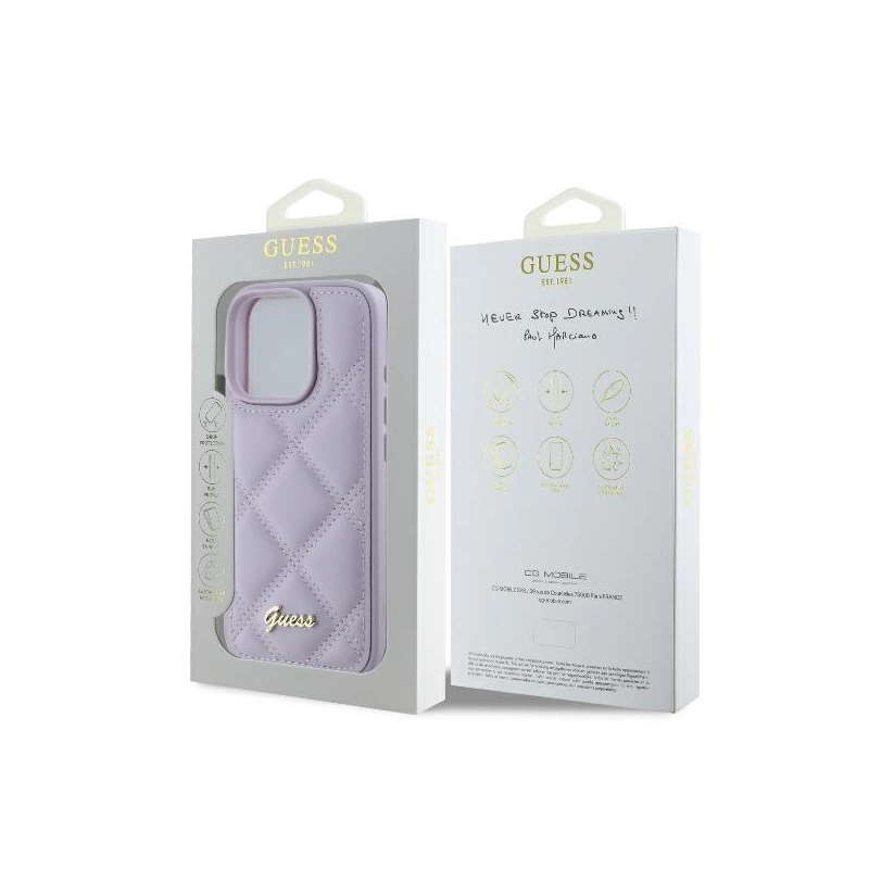 Guess Quilted Metal Logo dėklas, skirtas iPhone 16 Pro - šviesiai violetinė