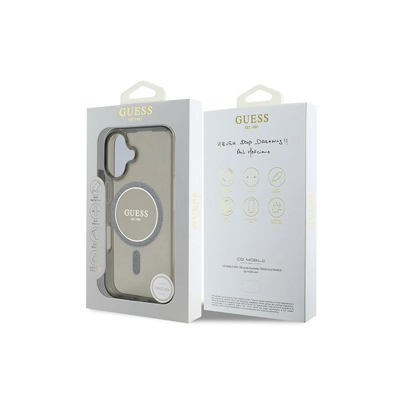 Guess IML Glitter Circle MagSafe dėklas iPhone 16 - juodas