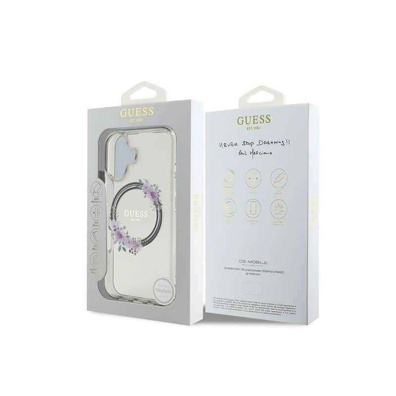 Guess IML Flowers Wreath MagSafe dėklas iPhone 16 - juodas