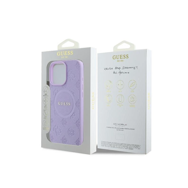 Guess Saffiano Peony Classic Logo MagSafe iPhone 16 Pro Max dėklas – violetinis