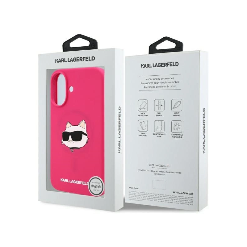 Karl Lagerfeld silikoninė Choupette Head Print MagSafe iPhone 16 dėklas – fuksijos spalvos