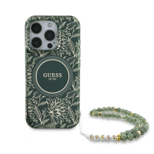 Guess IML Flowers Allover Electro su perlamutriniu dirželiu MagSafe dėklas, skirtas iPhone 16 Pro - žalias