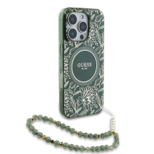 Guess IML Flowers Allover Electro With Pearl Strap MagSafe case for iPhone 16 Pro - green