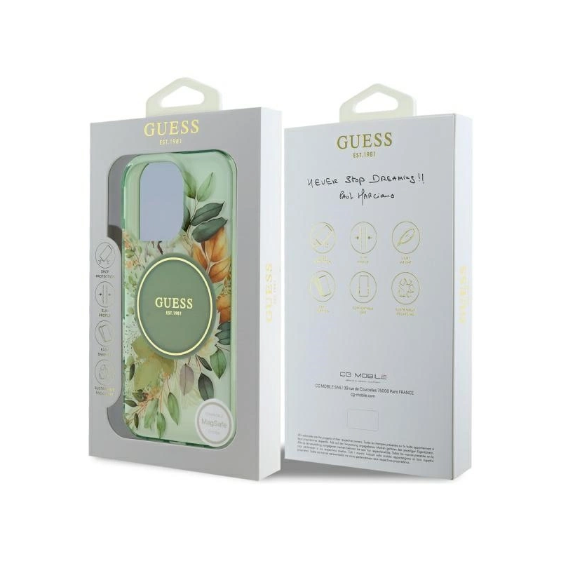 Guess IML Flower &amp; Tonal Circle MagSafe dėklas iPhone 16 Pro - žalias