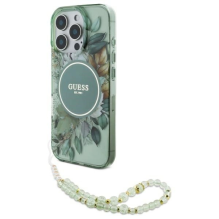 Guess IML Flowers With Pearl Strap MagSafe case for iPhone 16 Pro - green