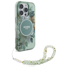 Guess IML Flowers With Pearl Strap MagSafe dėklas iPhone 16 Pro - žalias