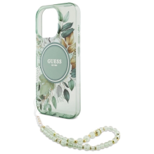 Guess IML Flowers With Pearl Strap MagSafe dėklas iPhone 16 Pro - žalias