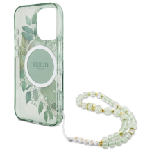 Guess IML Flowers With Pearl Strap MagSafe case for iPhone 16 Pro - green