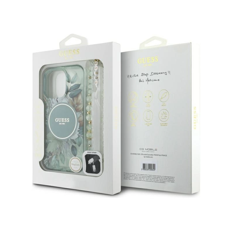 Guess IML Flowers With Pearl Strap MagSafe dėklas iPhone 16 Pro - žalias