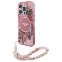 Guess IML Flowers With Pearl Strap MagSafe iPhone 16 Pro Case - Pink