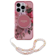 Guess IML Flowers With Pearl Strap MagSafe iPhone 16 Pro Case - Pink