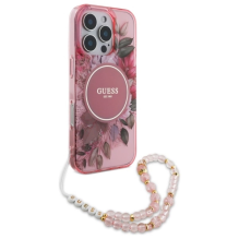 Guess IML Flowers With Pearl Strap MagSafe iPhone 16 Pro Case - Pink