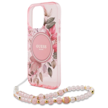 Guess IML Flowers With Pearl Strap MagSafe iPhone 16 Pro Case - Pink