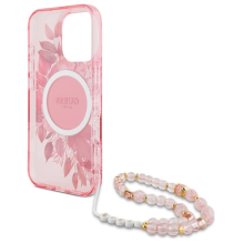 Guess IML Flowers With Pearl Strap MagSafe iPhone 16 Pro Case - Pink