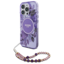 Guess IML Flowers With Pearl Strap MagSafe dėklas, skirtas iPhone 16 Pro - violetinė