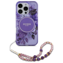 Guess IML Flowers With Pearl Strap MagSafe case for iPhone 16 Pro - purple