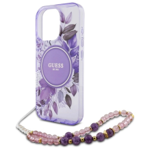 Guess IML Flowers With Pearl Strap MagSafe case for iPhone 16 Pro - purple