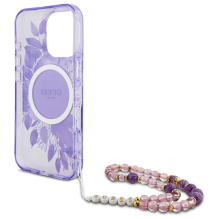 Guess IML Flowers With Pearl Strap MagSafe case for iPhone 16 Pro - purple