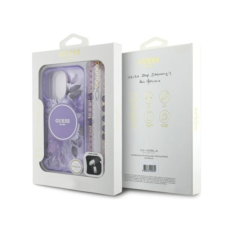 Guess IML Flowers With Pearl Strap MagSafe dėklas, skirtas iPhone 16 Pro - violetinė