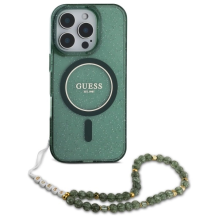 Guess IML Glitter With Pearl Strap MagSafe case for iPhone 16 Pro - green