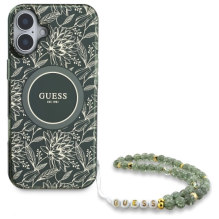 Guess IML Flowers Allover Electro With Pearl Strap MagSafe case for iPhone 16 Plus - green